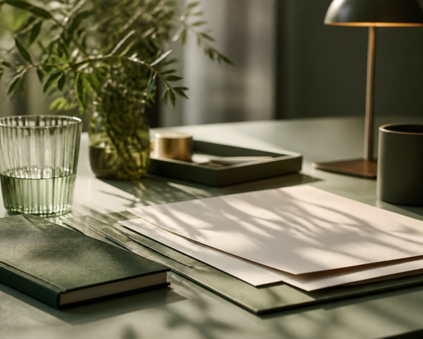 Cosy green-toned proposal studio desk